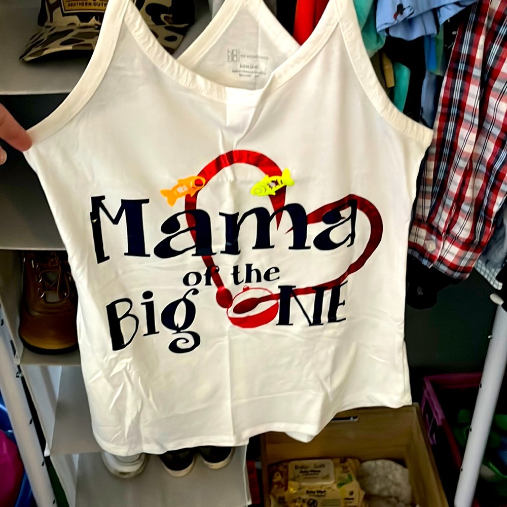 White racer back tank. Personalized. Mama of the big one! Size small